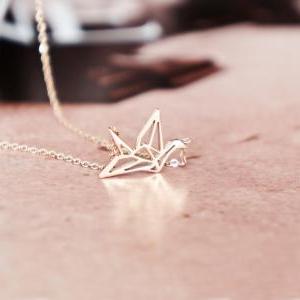 Origami Crane Necklace, Rose Gold Stainless Steel,..