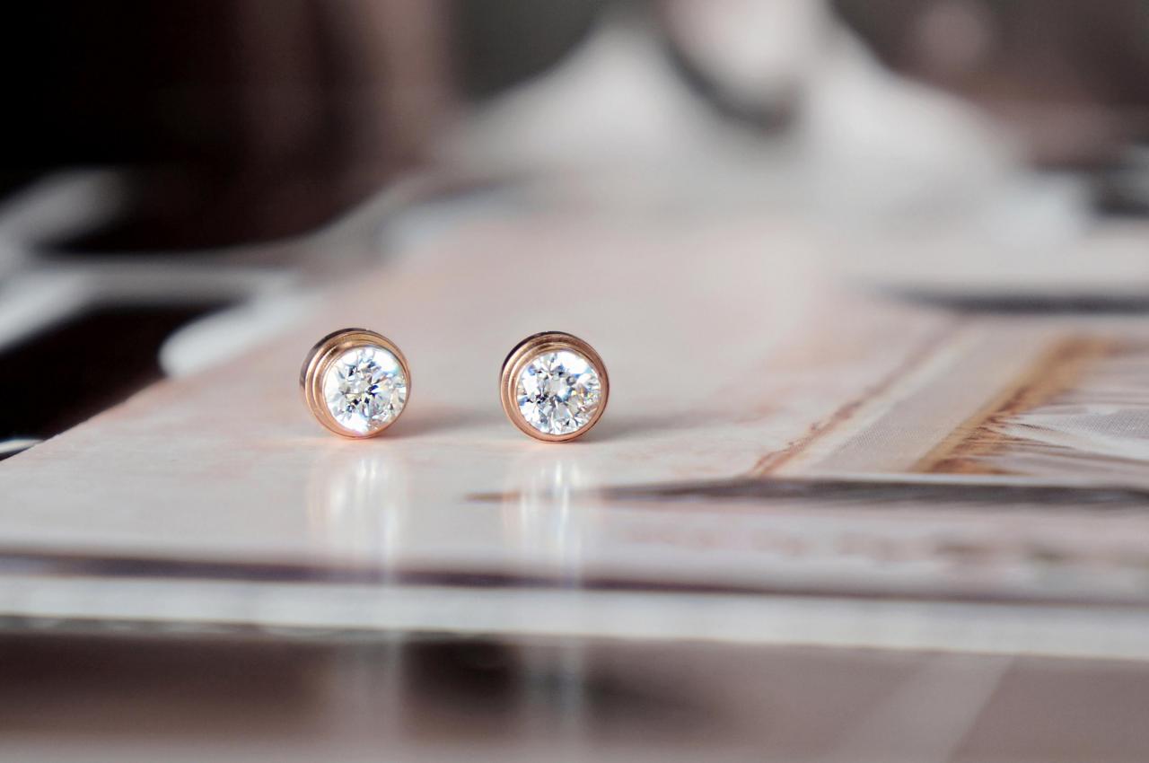 Crystal Stud Earrings, Rose Gold Stainless Steel, Cz Diamond Studs, Simple Everyday Jewelry For Sensitive Skin Jewellery Gift For Her